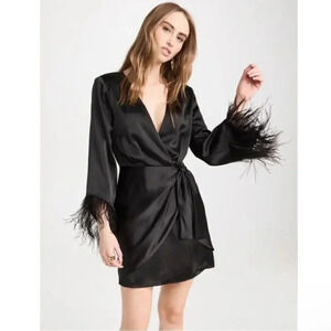 WAYF Feather Trim Black Mini Wrap Dress Size M